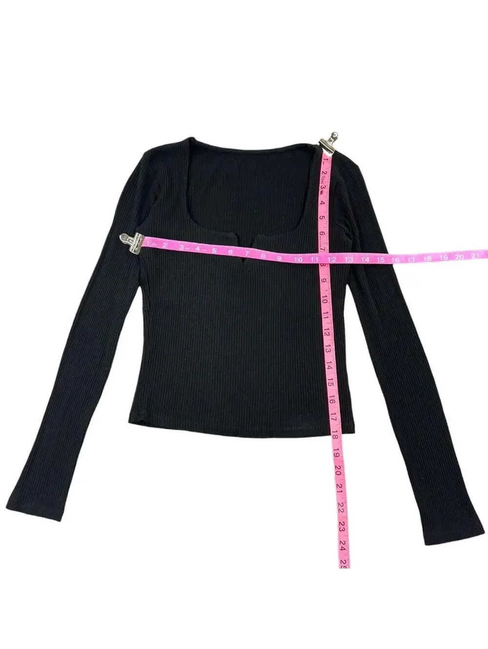 Black Ribbed Long Sleeve Top with Notch Neckline Y2K Minimalist Preppy